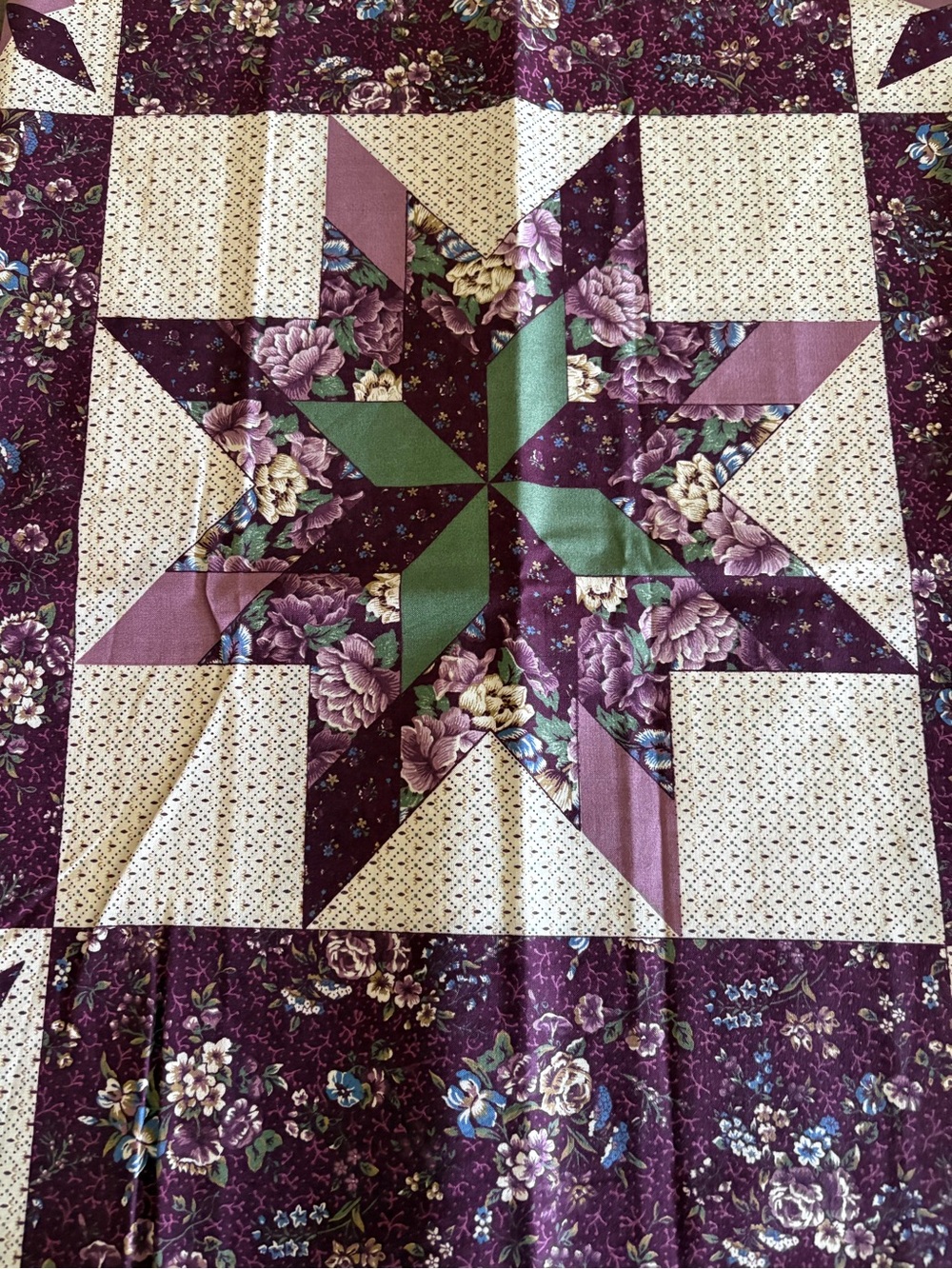 Floral Star Patchwork fabric- Purple, Green, Cream. From discontinued Ozark 1.5